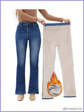 Women's Fleece Lined Bootcut Jeans Thermal High Rise Denim Pants Winter